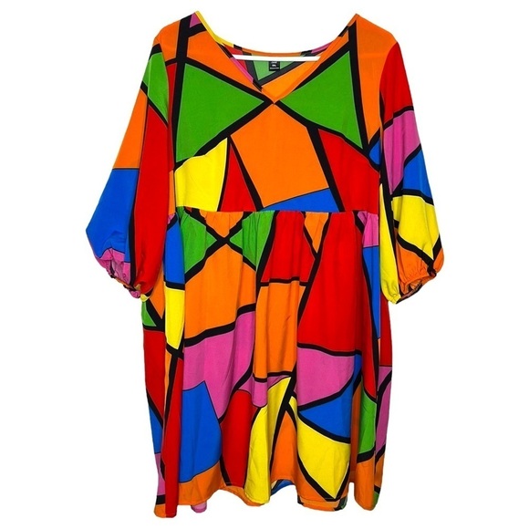 Shein Bright Color block V Neck Babydoll Dress - Picture 4 of 9